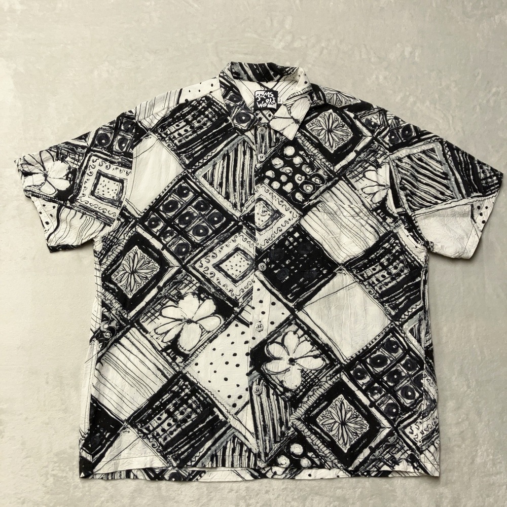 Vintage Jams World 100% Rayon Hawaiian Abstract Floral Shirt Black‎ Mens Large